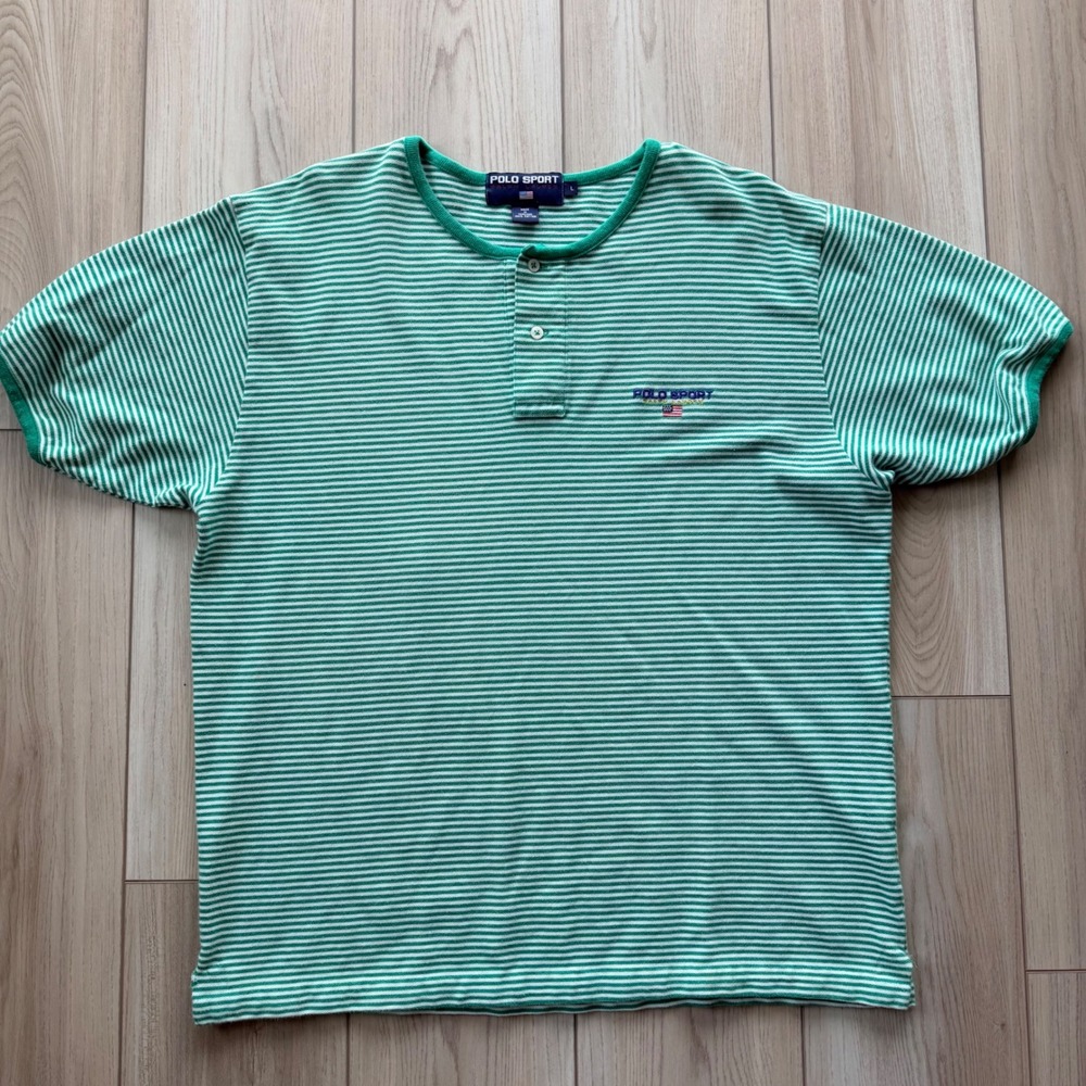 Vintage Polo Sport Ralph Lauren Henley Mens Large Green White Striped 90s Shirt